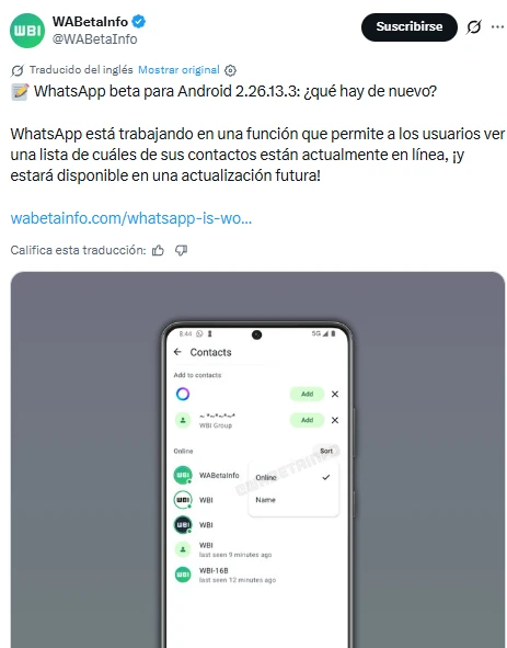 La aplicación permitirá ordenar los contactos por estado de conexión. Foto: captura de pantalla de X.