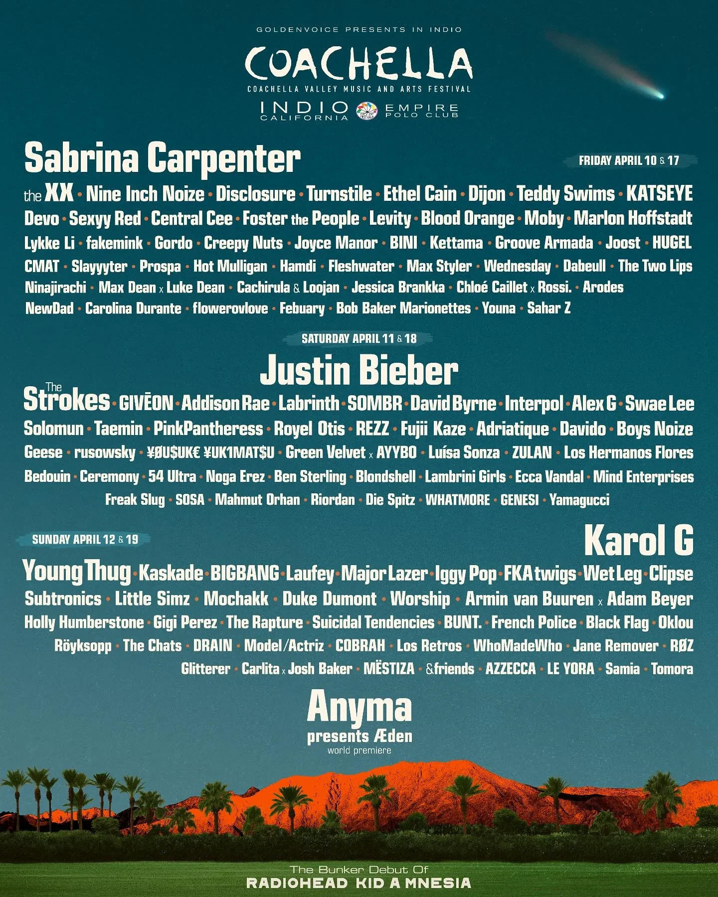 Listado de artistas que participarán en el Coachella 2026. 