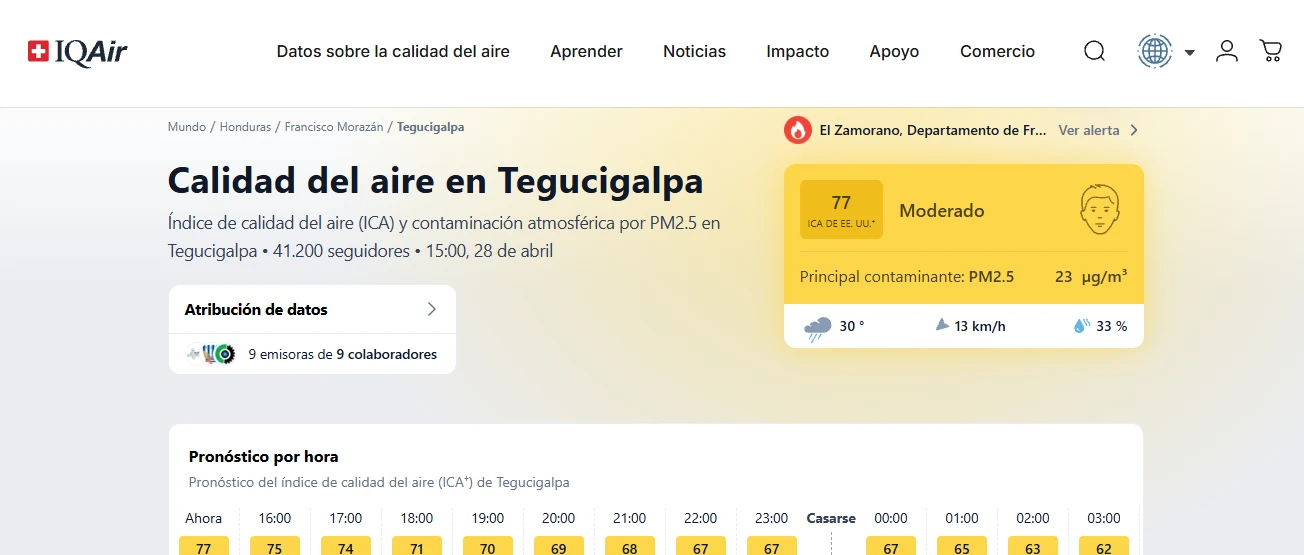Captura de pantalla de IQAir sobre calidad del aire en Tegucigalpa 