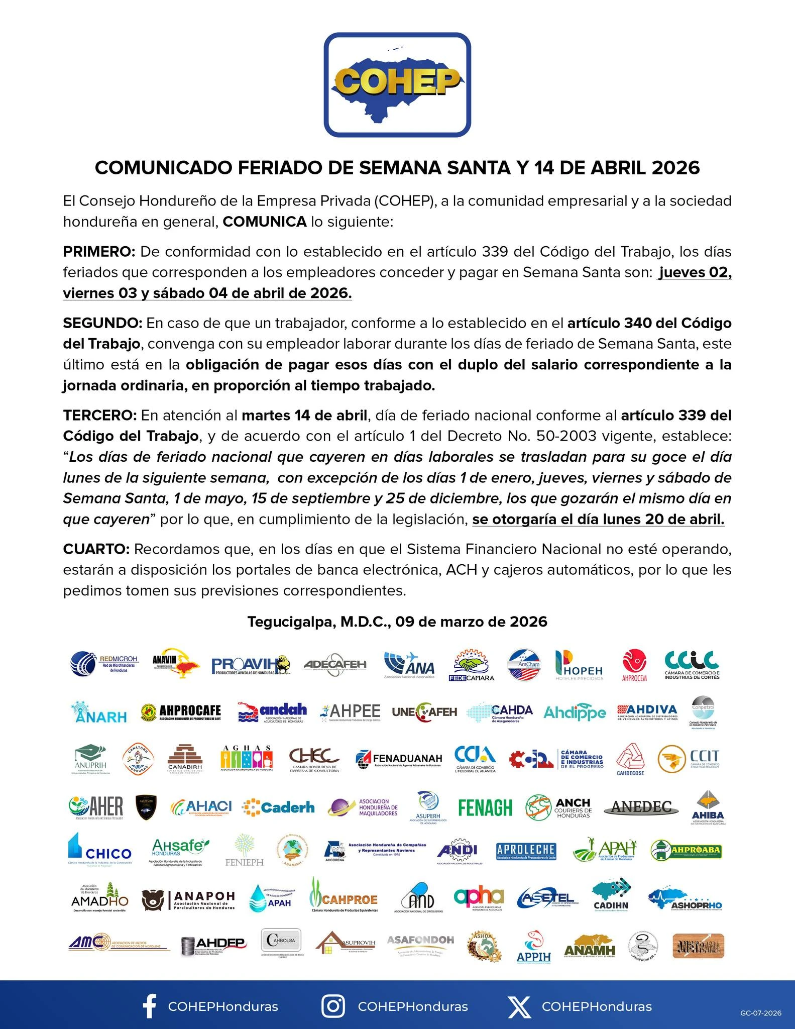 Comunicado del COHEP