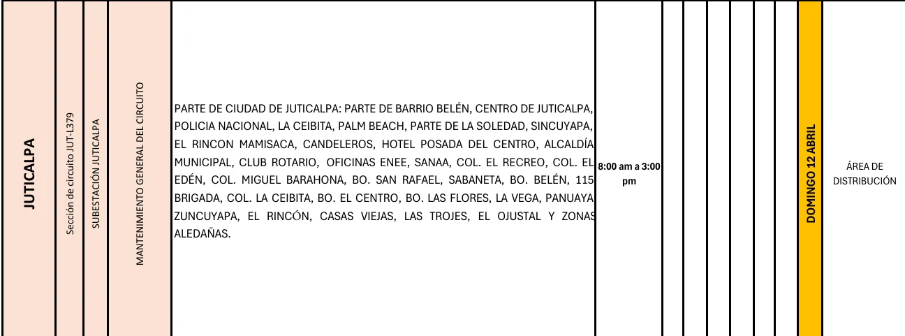 Colonias sin energía eléctrica el domingo 