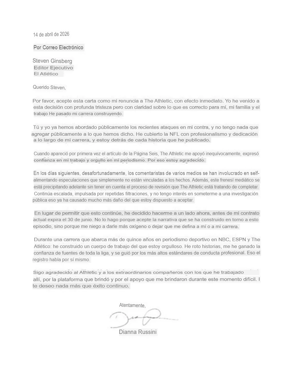 La carta de renuncia de Dianna Russini. 