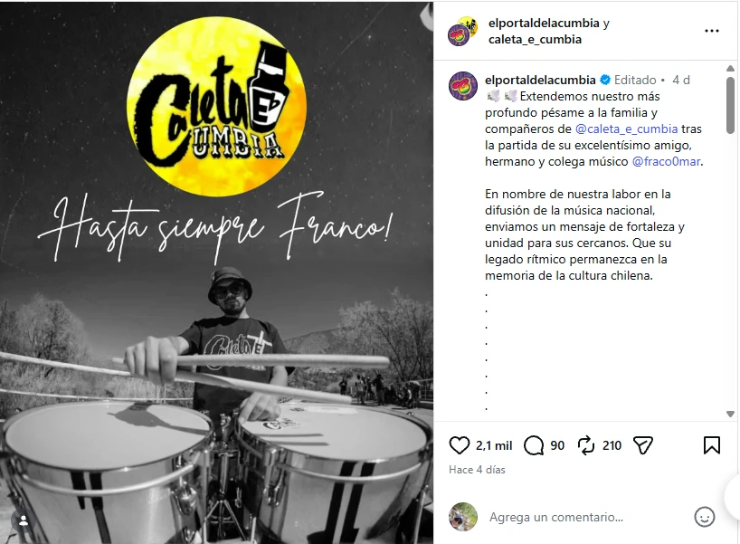 Su agrupación lo recordó como una pieza fundamental en la banda en los últimos años. 