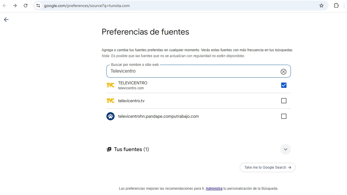 Televicentro como fuente favorita en Google