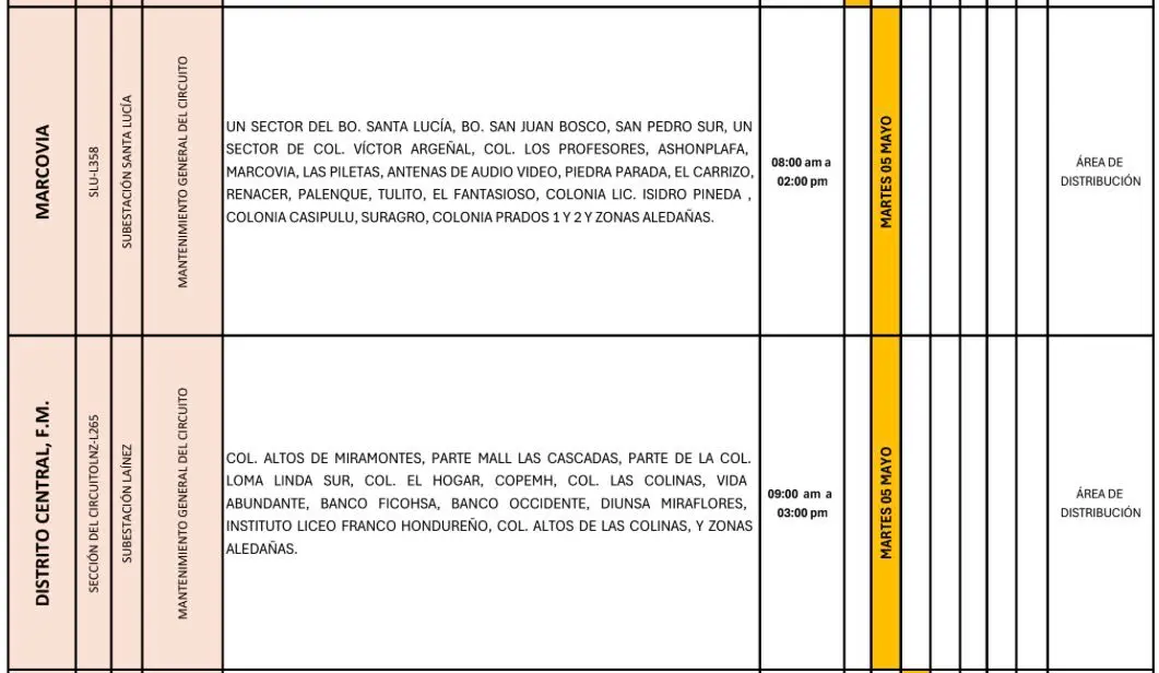 Lugares que se quedarán sin energía eléctrica en Marcovia y Distrito Central.