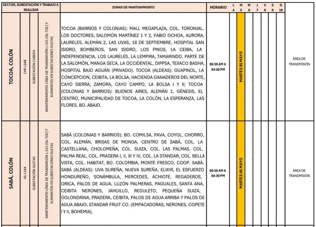 Lugares que se quedarán sin energía eléctrica en Tocoa y Sabá.