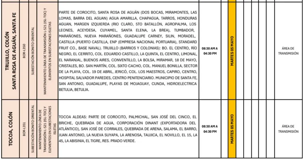 Lugares que se quedarán sin energía eléctrica en Trujillo, Santa Rosa de Aguán, Santa Fé y Tocoa. 
