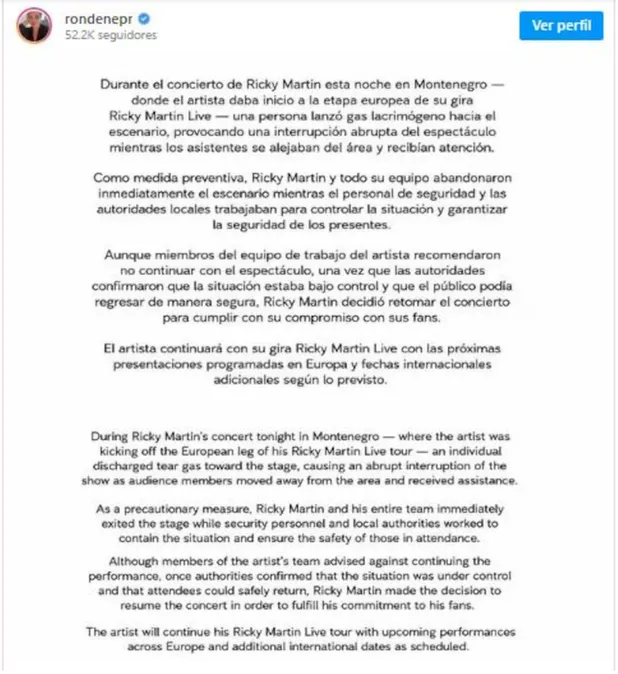 Comunicado atraves de Instagram