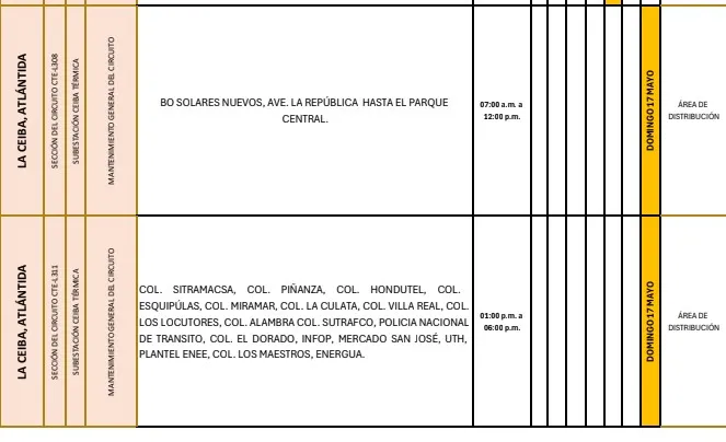 Cortes de Energía Domingo 17 de Mayo