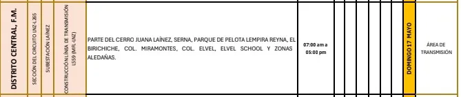 Cortes de Energía Domingo 17 de Mayo