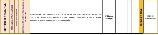 Cortes de Energía Domingo 17 de Mayo