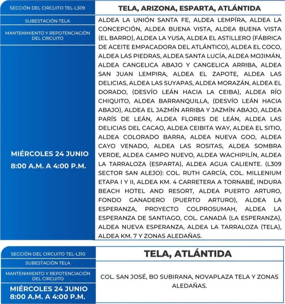 Imagen Principal de Nota: Zonas sin energía eléctrica en Honduras este miércoles 24 de junio