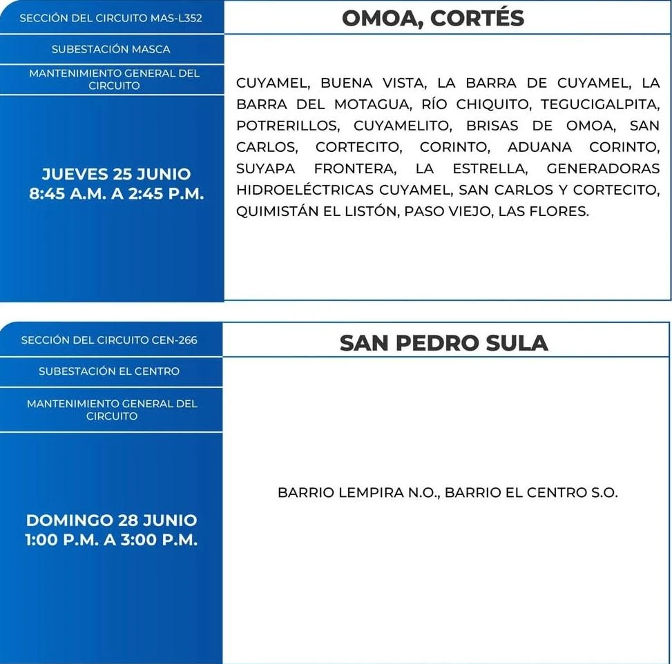 Lugares que se quedarán sin energía eléctrica