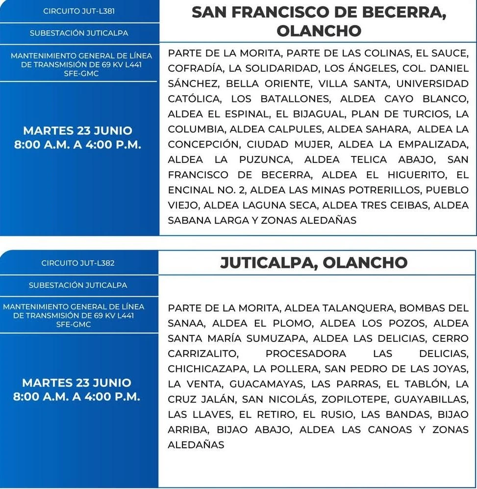 Lugares que se quedarán sin energía eléctrica