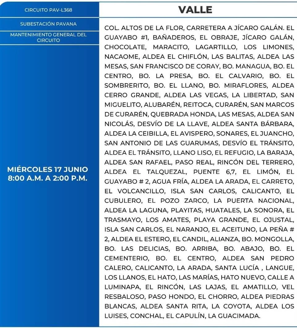Lugares que se quedarán sin energía eléctrica