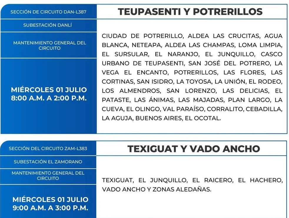 Lugares que se quedarán sin energía eléctrica 