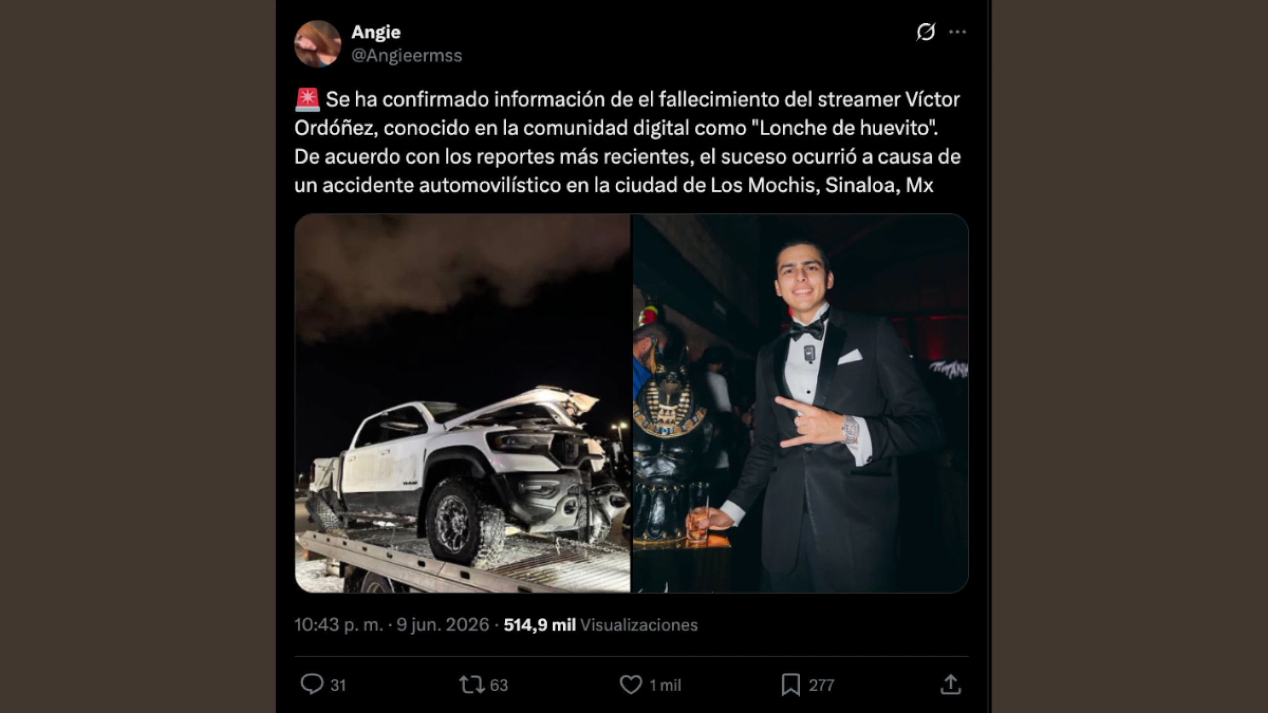 Publicación donde supuestamente lonche de huevito falleció