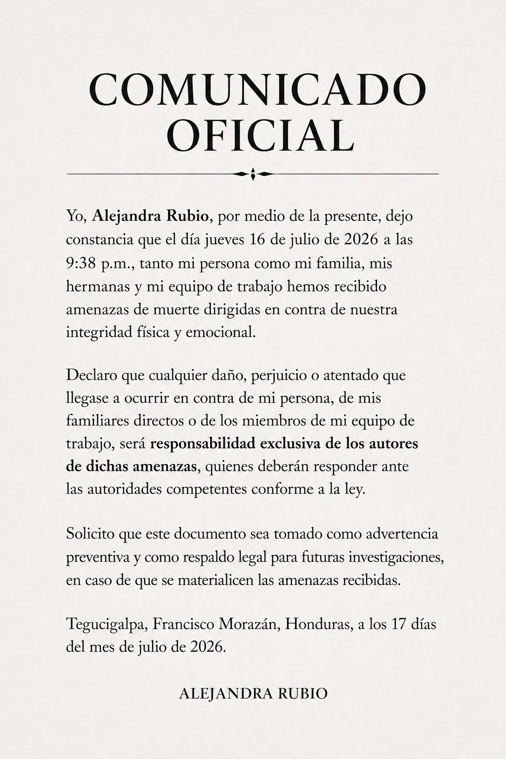 Comunicado Alejandra Rubio 