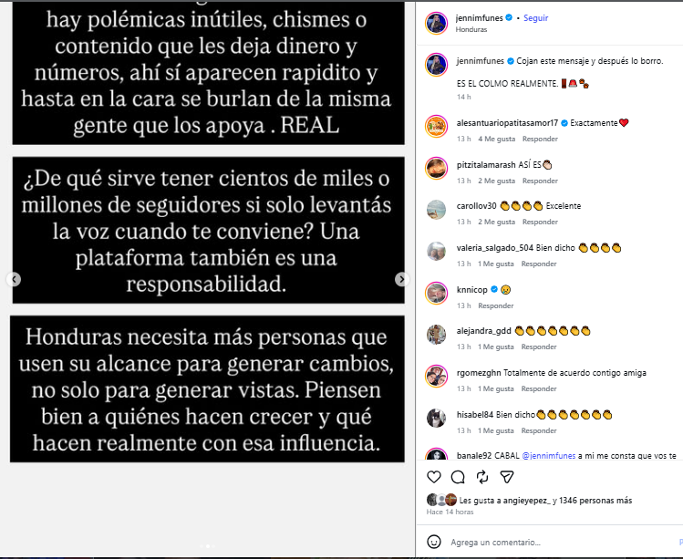 Jennifer Funes publicación en Instagram