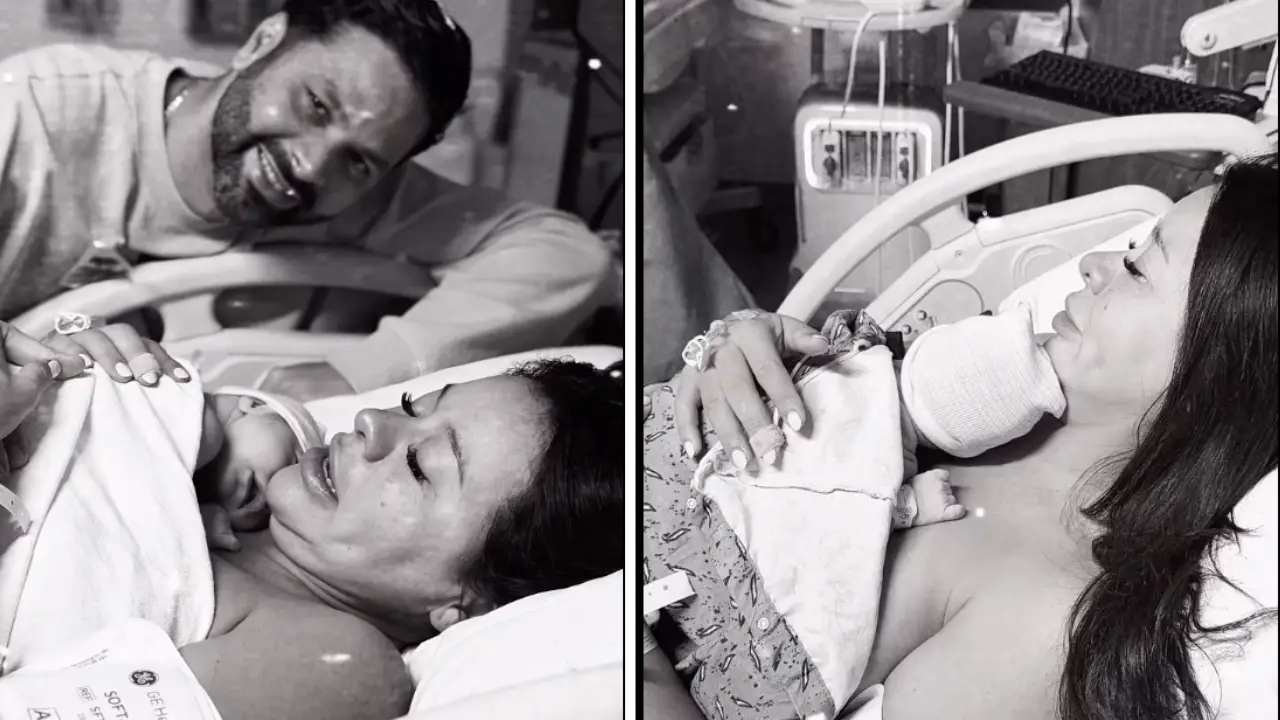 Ana Alvarado junto a su esposo, Jorge Cordero y su bebé recién nacido, Jorge André Cordero.
