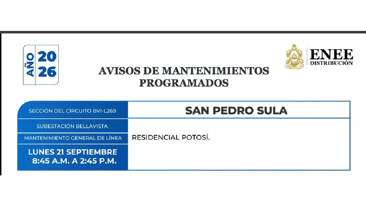 Corte de energía programado en San Pedro Sula.