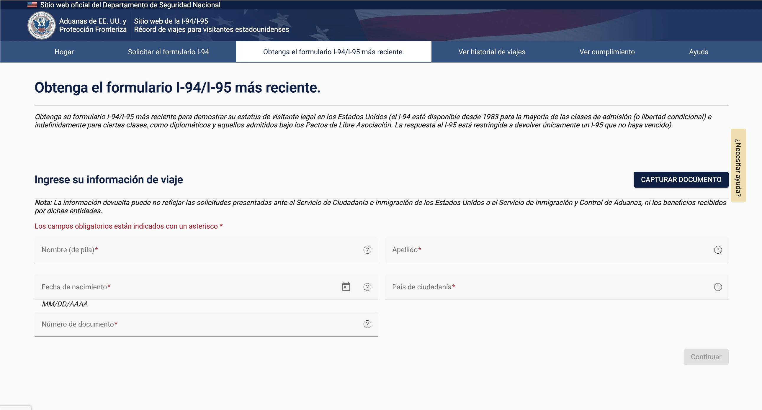 Parte donde se escriben los datos para consultar I-94/I-95.