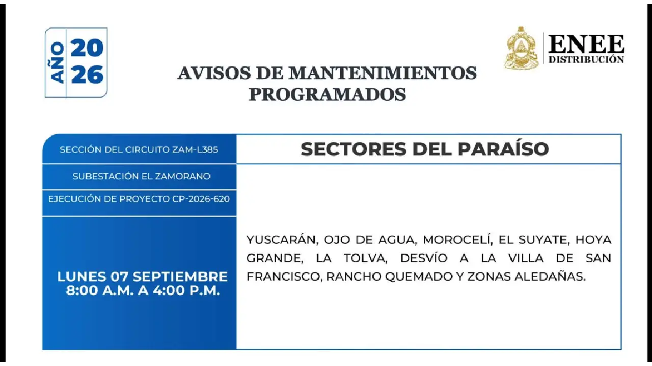 Cortes de energía programados en El Paraíso.