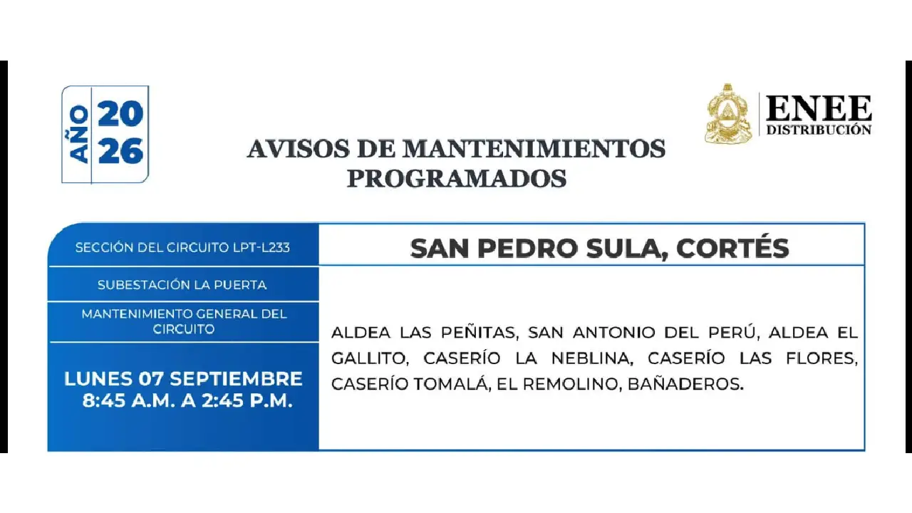 Cortes de energía programados en San Pedro Sula.