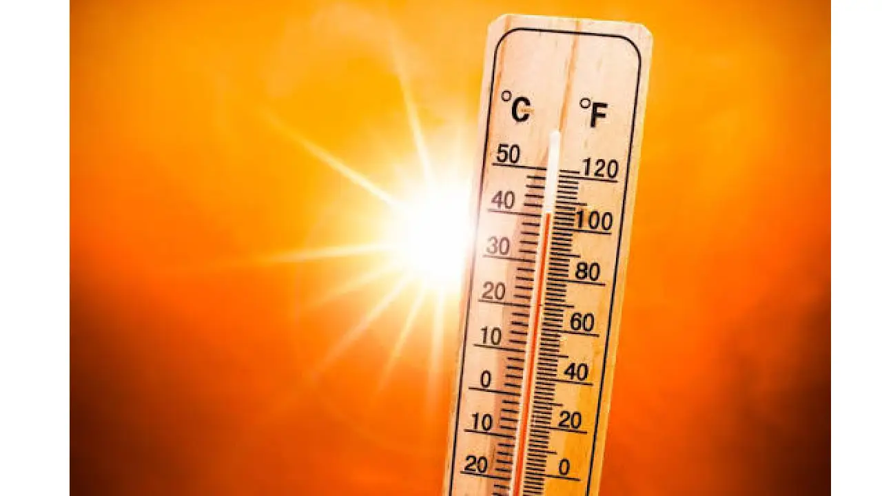 Imagen de un termómetro marcando una temperatura elevada, acompañado de un intenso sol de fondo
