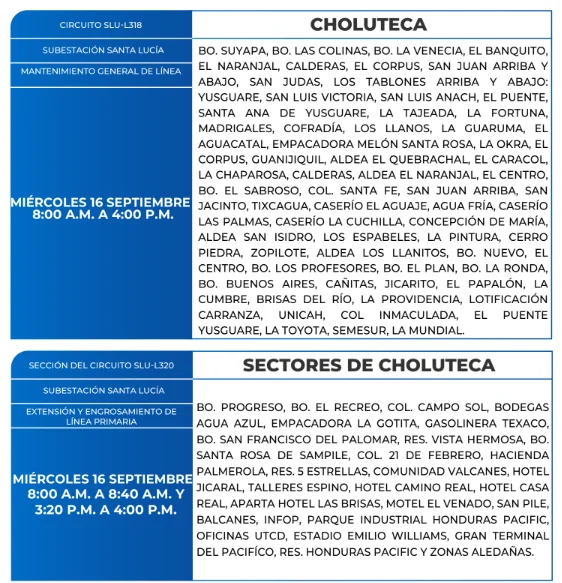 Cortes de energía programados en Choluteca.