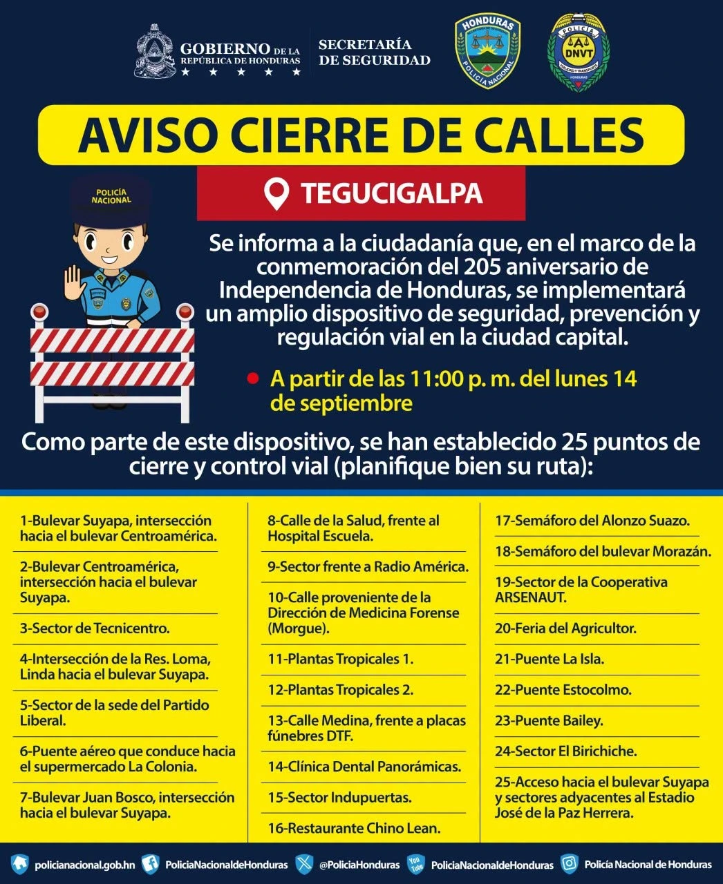 Calles que estarán cerradas en Tegucigalpa.