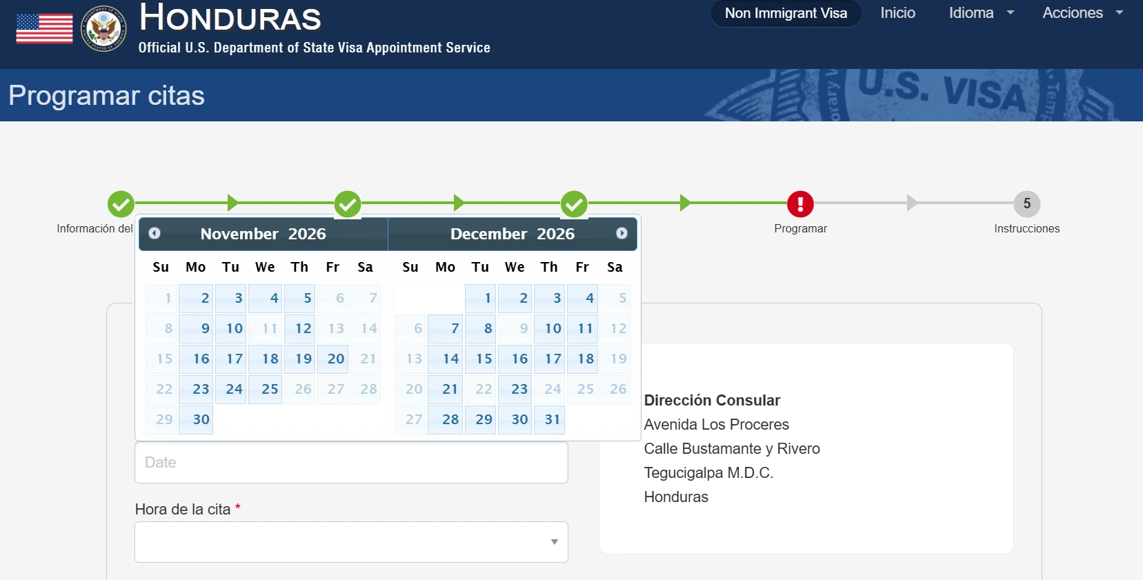 Calendario de fechas disponibles para solicitar visa americana.