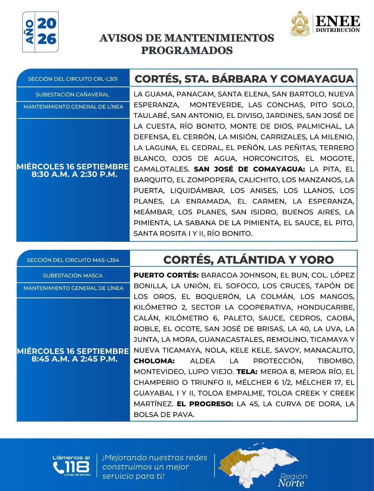 Cortes de energía programados en Cortés, Santa Bárbara y Comayagua.