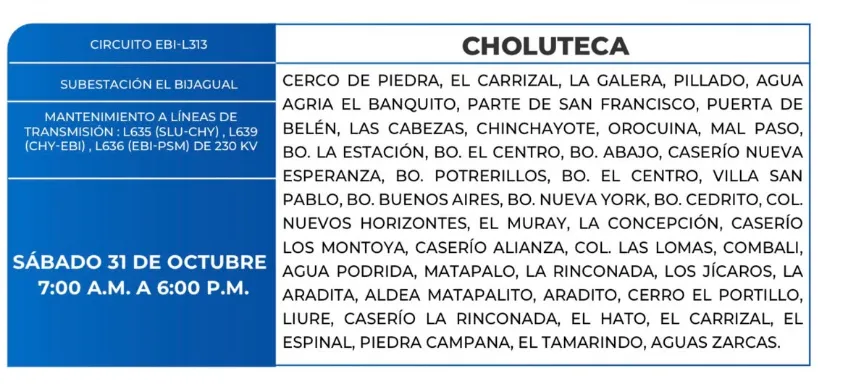 Imagen Principal de Nota: Lista de colonias que no tendrán energía por cortes programados en Honduras este sábado 31 de octubre