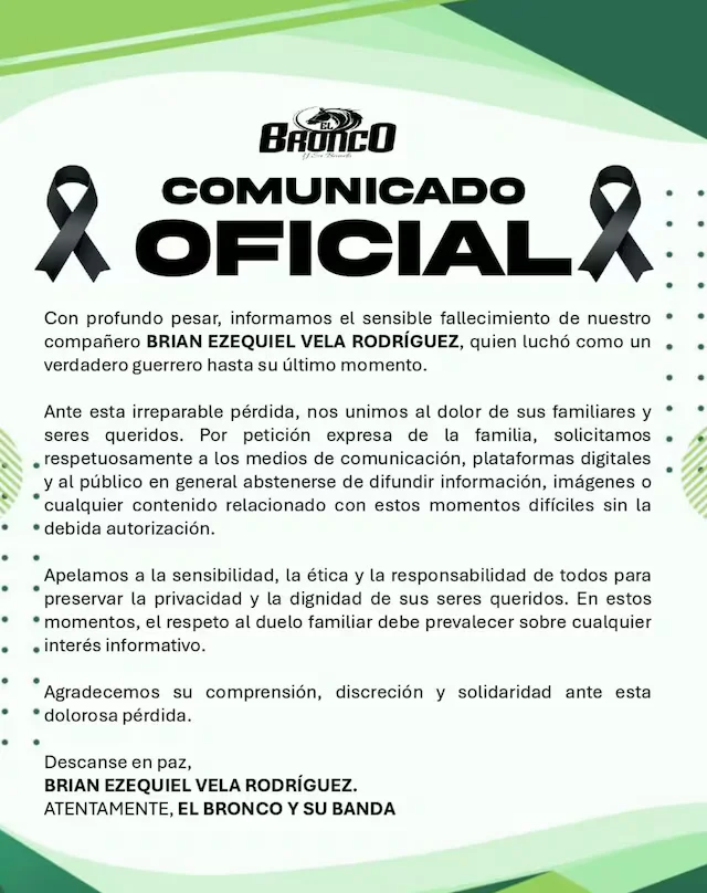 Comunicado de prensa sobre el fallecimiento de Brian Ezequiel Vela. Foto: cortesía de Facebook